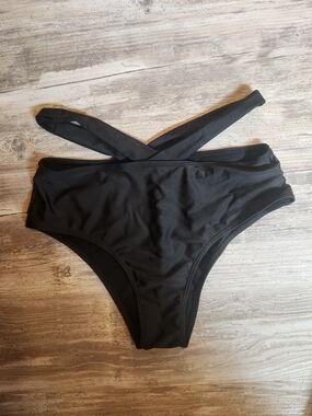 Black High-Waist Bikini Bottom with Cross Waist Strap - Women Swim